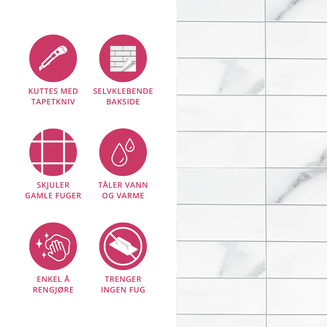 Produktinformasjon og egenskaper ved Amalie selvklebende veggfliser