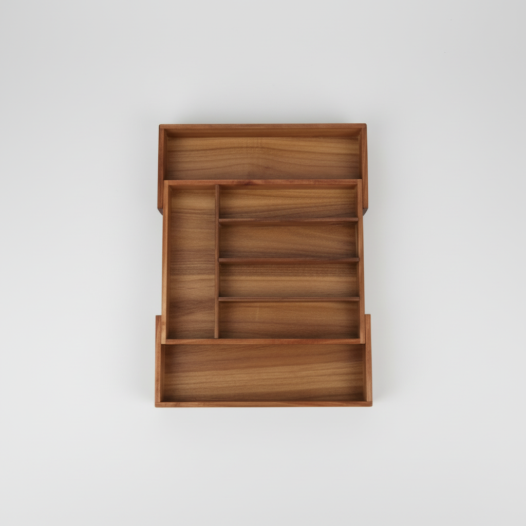 Eksklusiv kjøkkenorganisator i heltre med romslige rominndelinger for ryddig oppbevaring