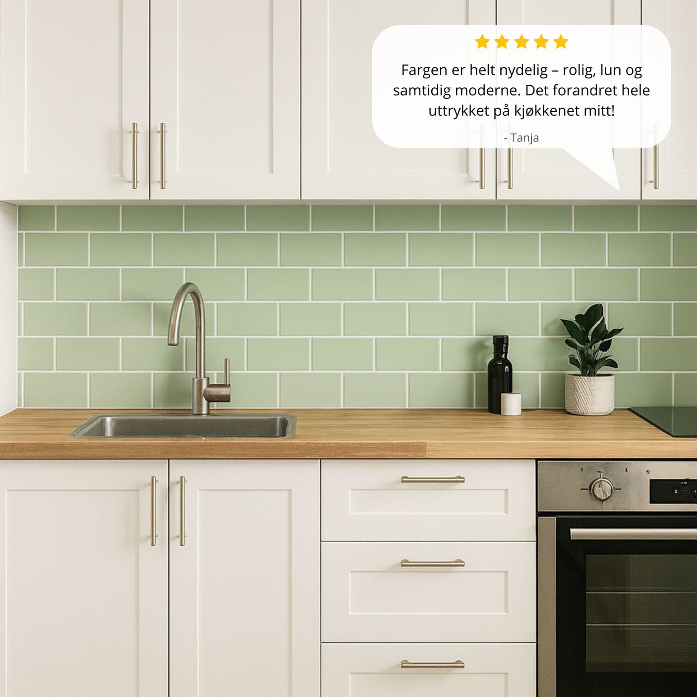 Kundevurdering av Subway Sage Green fliser – frisk farge som forandrer hele kjøkkenet.