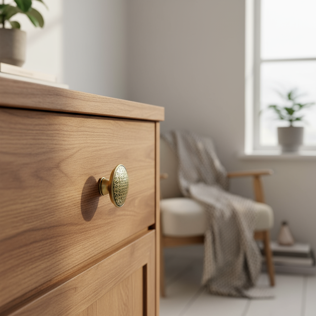 Rund metallknott med gravert mønster i bronsefinish