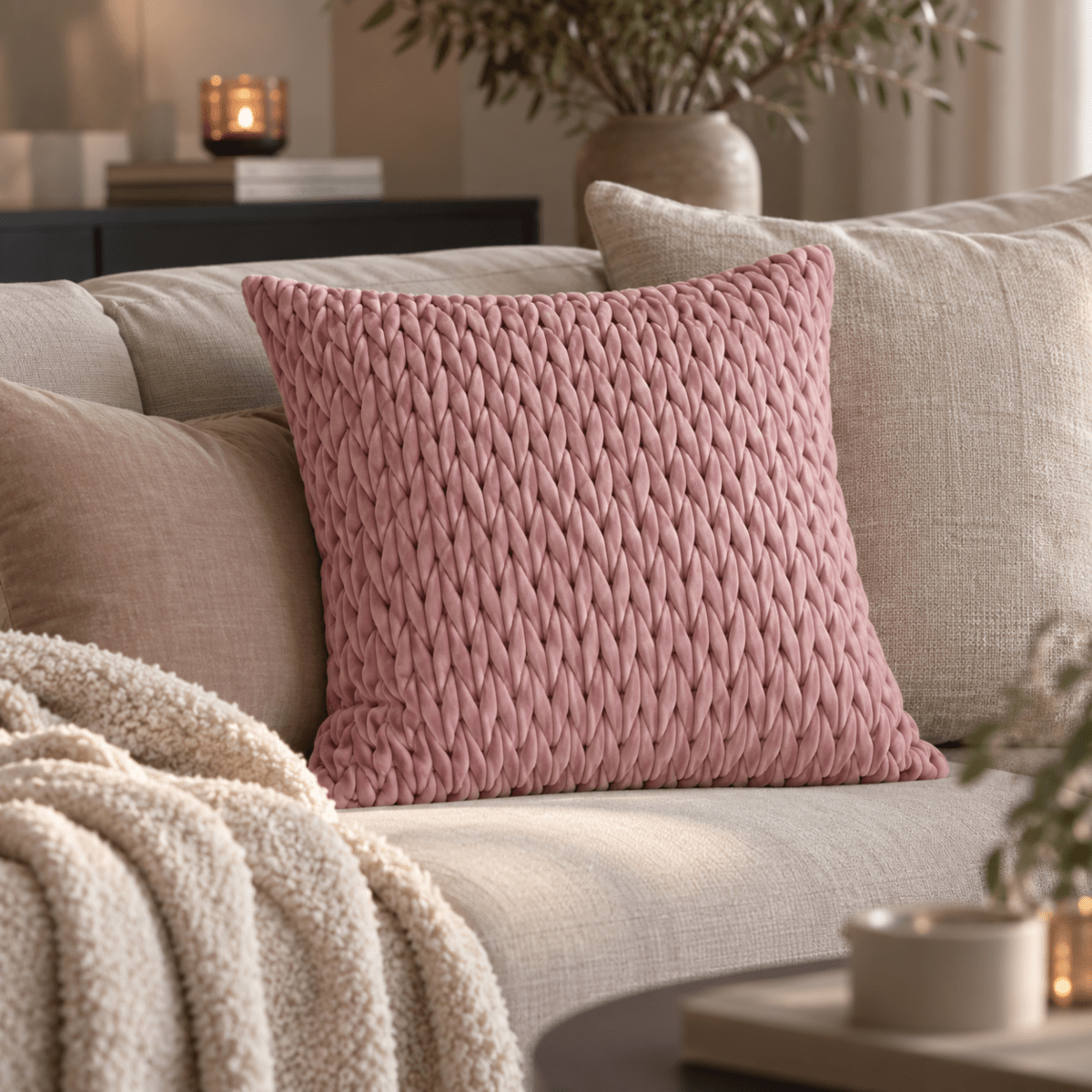 Putetrekk i lyse lyngrosa toner med flettet velurstruktur stylet i beige sofa