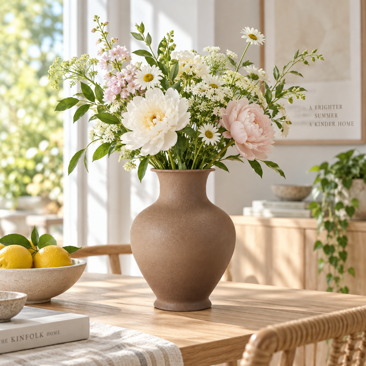 Utsøkt enkel krukke med friske vakre blomster.