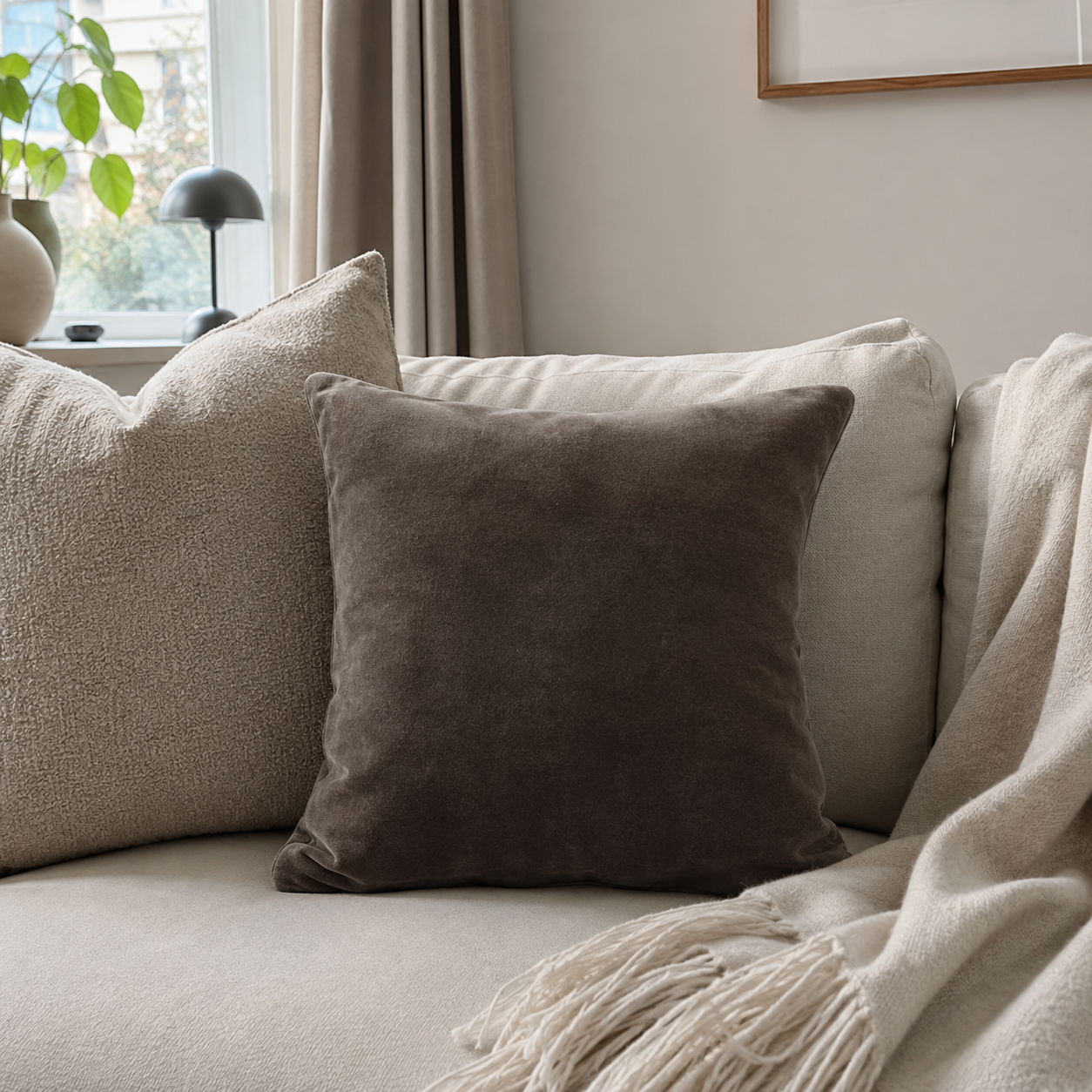Ollis flanellpute mørkegrå 38 x 38 cm i en lys nordisk stue med beige sofa og tekstiler