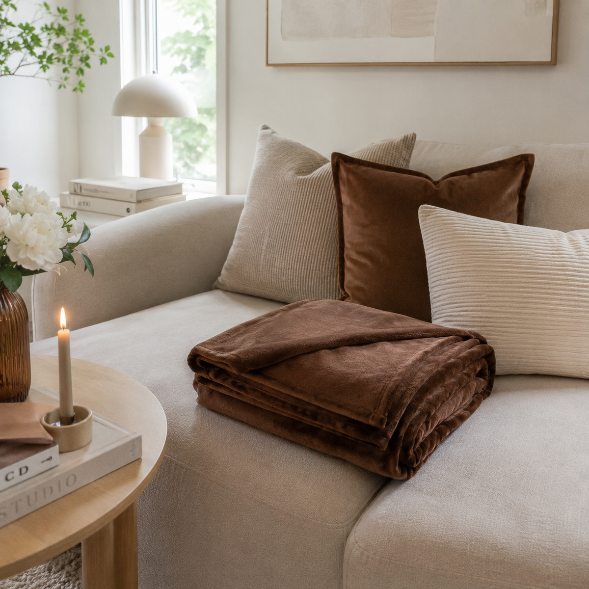 Blødt brun flanellpledd på 180 x 230 cm lagt over en lys sofa i en nordisk stue