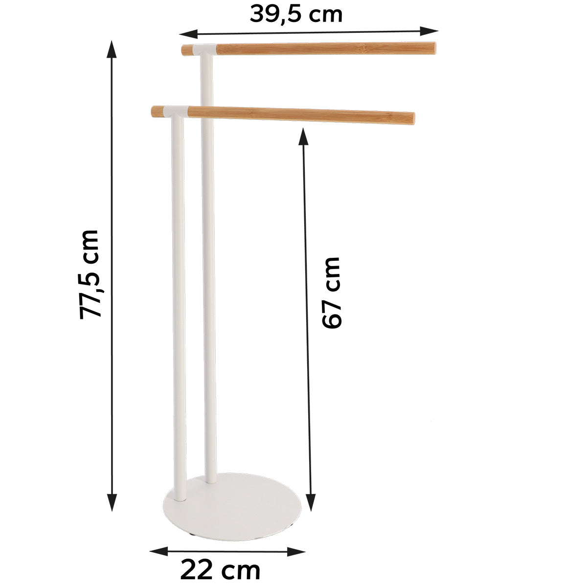 Måltegning av håndklestativ i hvit med to bambusstenger: høyde 77,5 cm, bredde 39,5 cm, dybde 22 cm