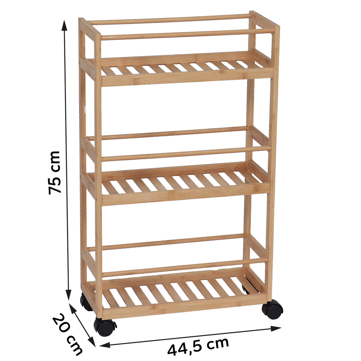 Måltegning af opbevaringstrille på hjul i bambus med tre hylder: højde 75 cm, bredde 44,5 cm, dybde 20 cm