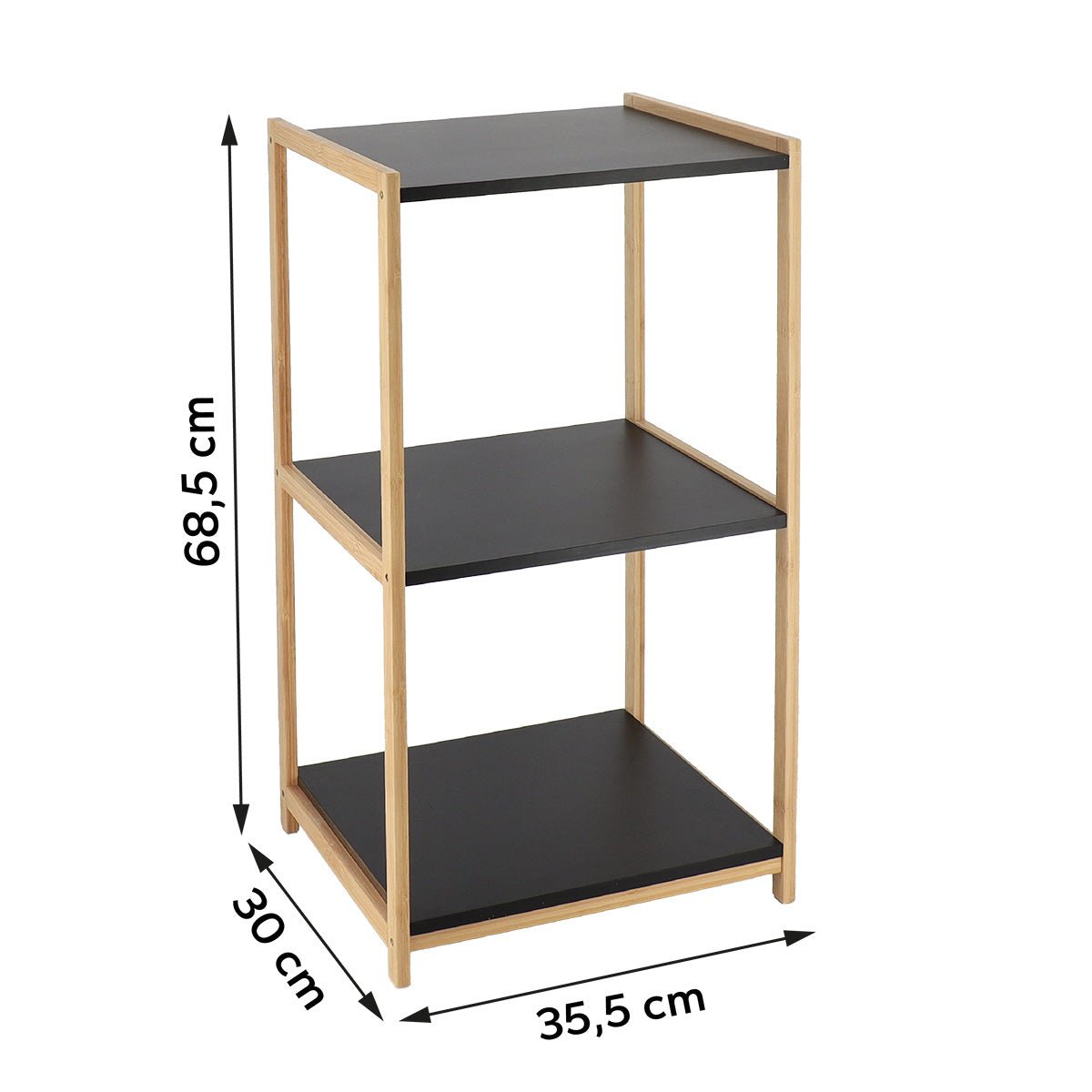 Målritning av bambusreol med hyllor i MDF: höjd 68,5 cm, bredd 35,5 cm, djup 30 cm