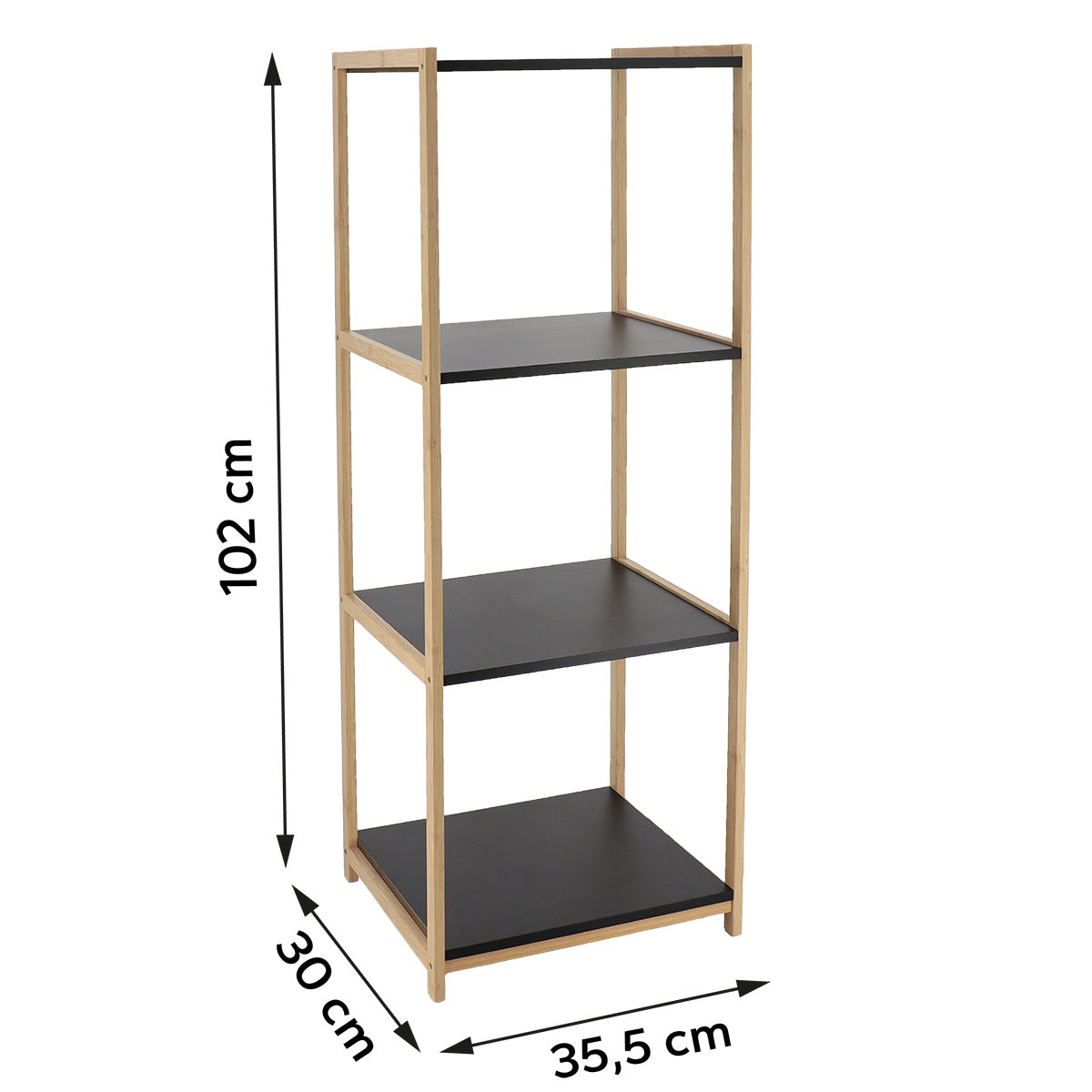 Målritning av bambusreol med fyra hyllor i MDF: höjd 102 cm, bredd 35,5 cm, djup 30 cm.
