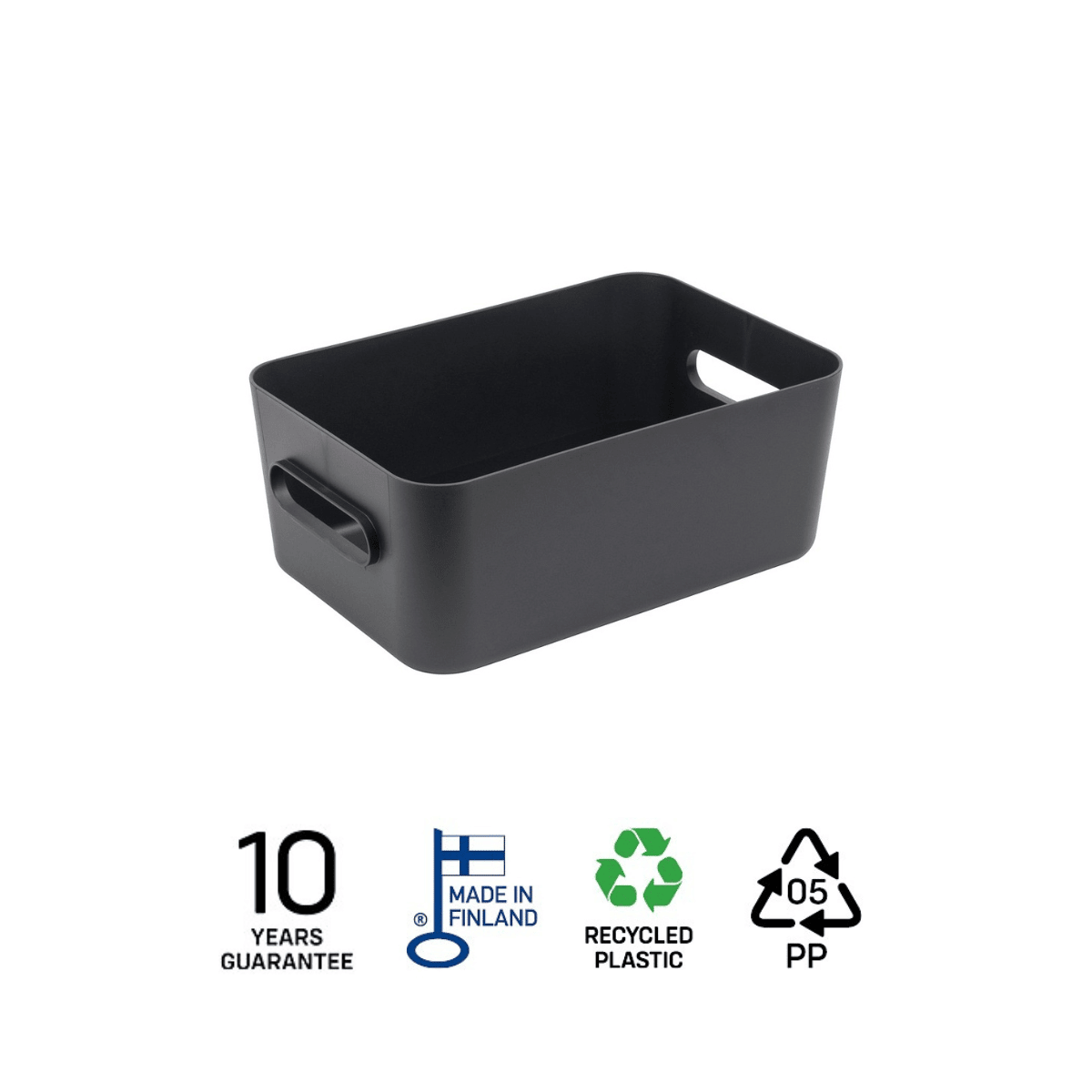 SmartStore Comfort M förvaringskorg i koksgrå resirkulerad plast, tillverkad i Finland med 10 års garanti