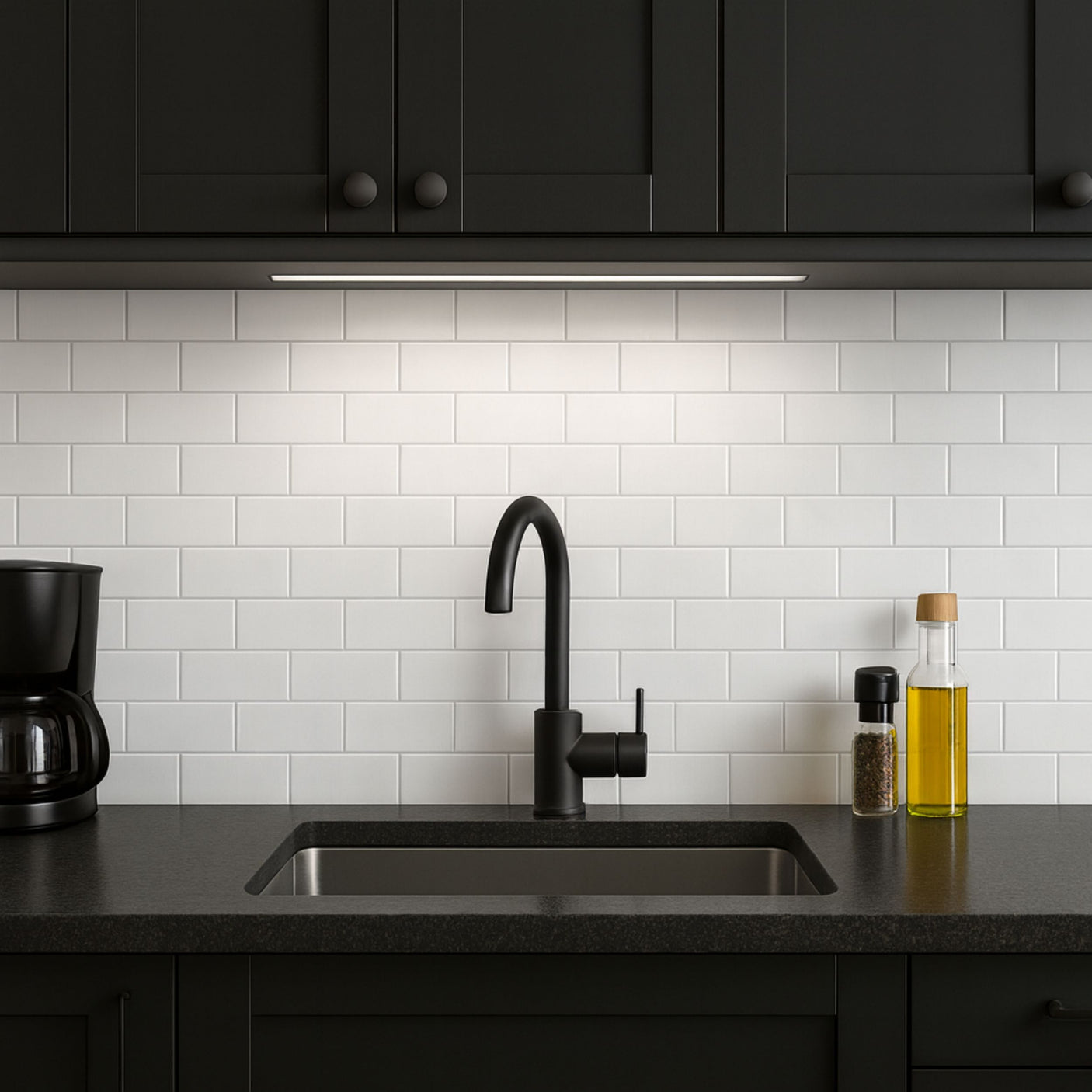 Moderne kjøkken med sorte skap og Subway hvit veggfliser som gir lys kontrast.