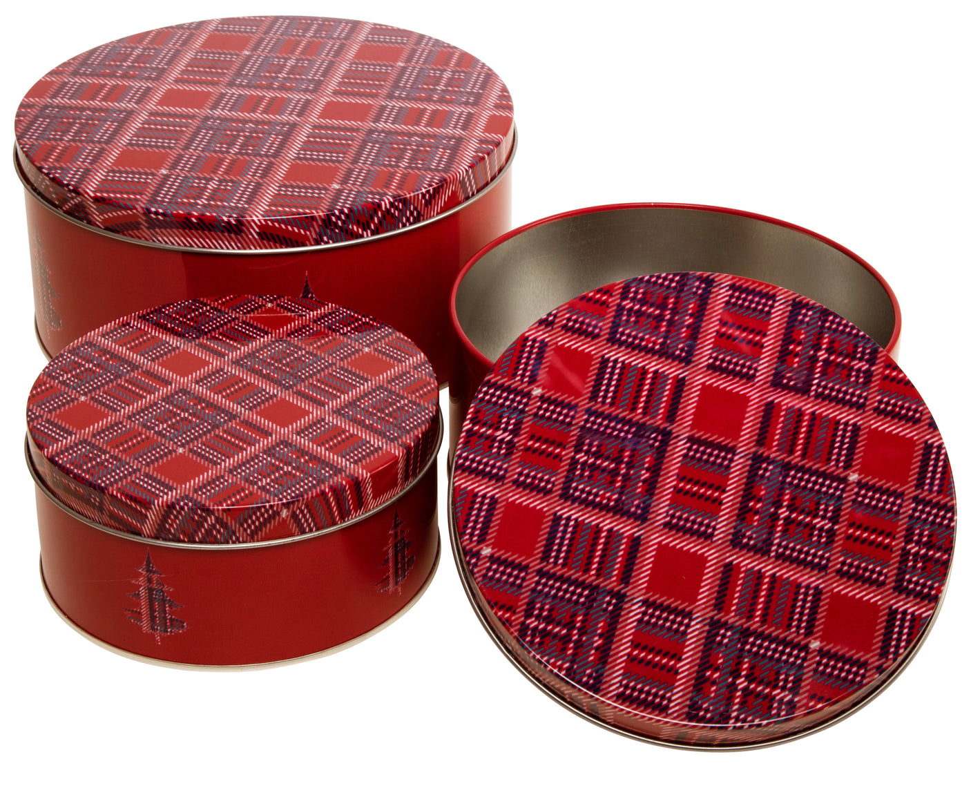 Dekorative julebokser i metall med lokk, rødt rutemønster og jule – ideelle til småkaker
