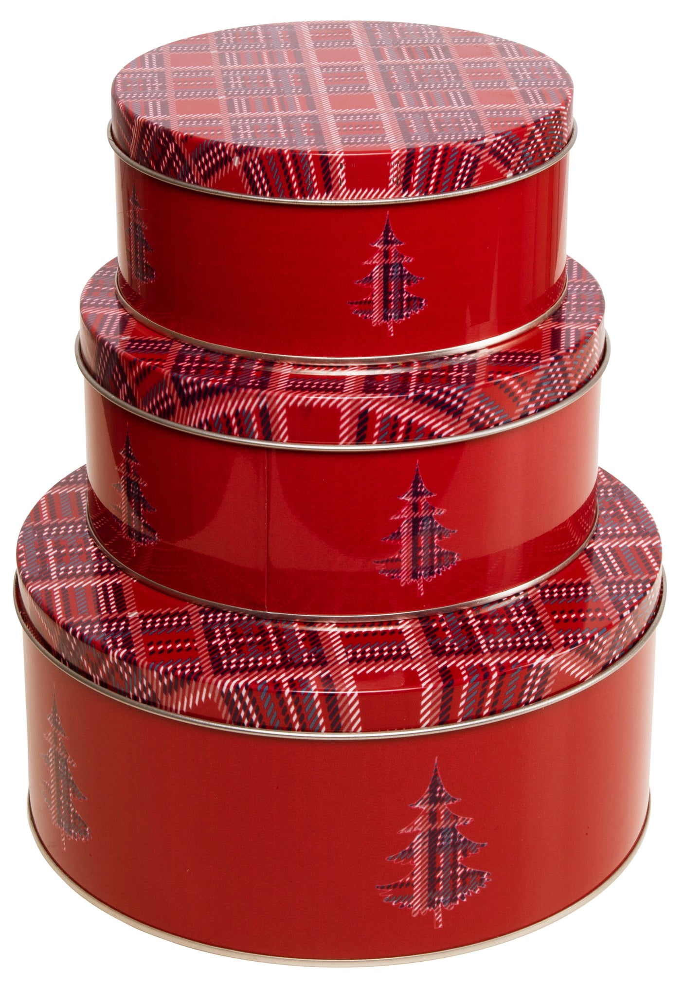 Røde oppbevaringsbokser i metall med rutet design og jul, sett á 3 i ulike størrelser.
