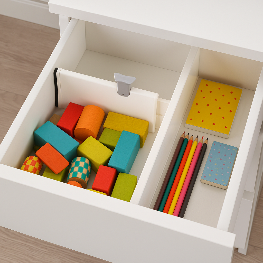 Justerbar skuffedeler i hvit skuff med små leker og tegnesaker – perfekt til barnerom og oppbevaring