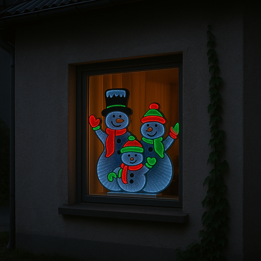 Infinity speil snømenn i vindu med varm belysning – dekorativ julepynt med 3D-dybde og klassisk snømannmotiv.