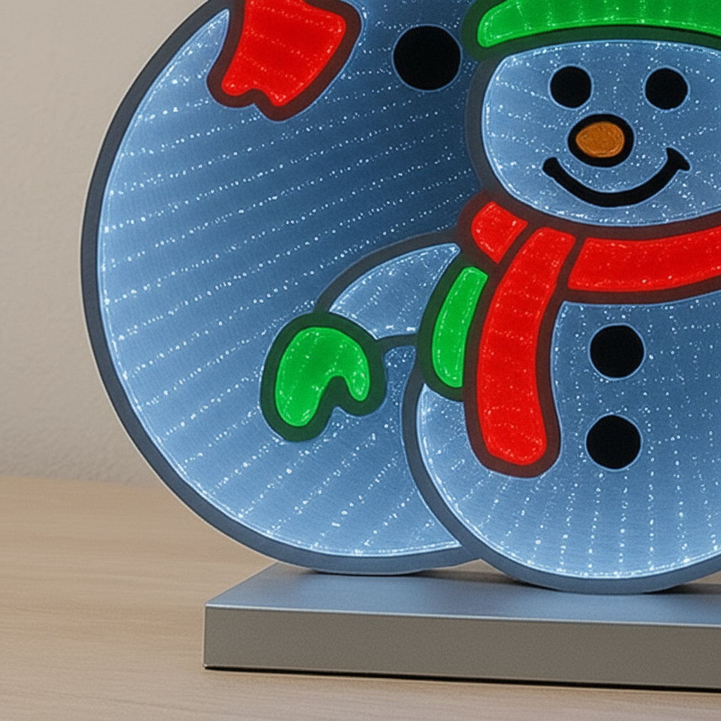 Tosidig LED lysskilt med tre snømenn 66 cm - juledekorasjon med 3D speileffekt