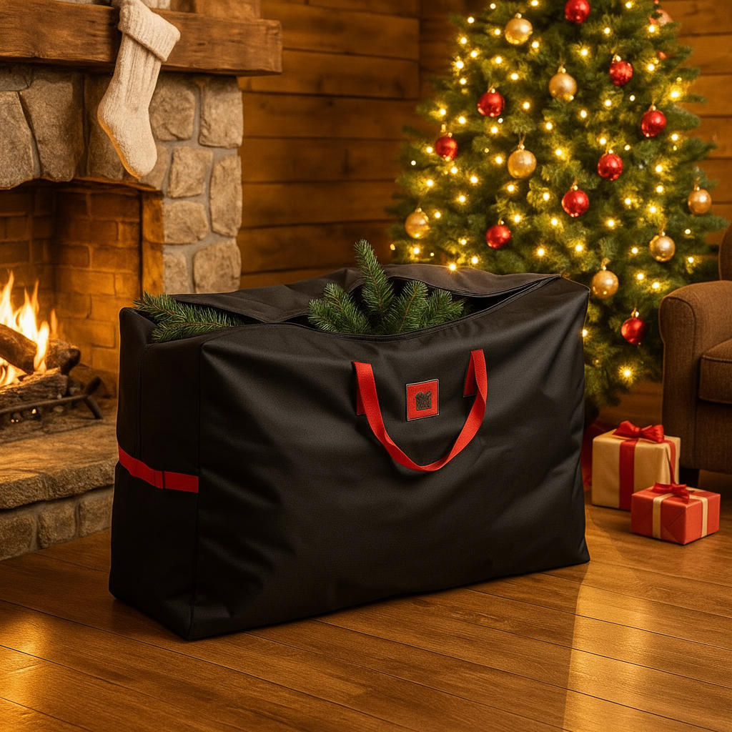 Svart oppbevaringsbag med røde håndtak plassert på et rustikt loft med tregulv og murvegg.