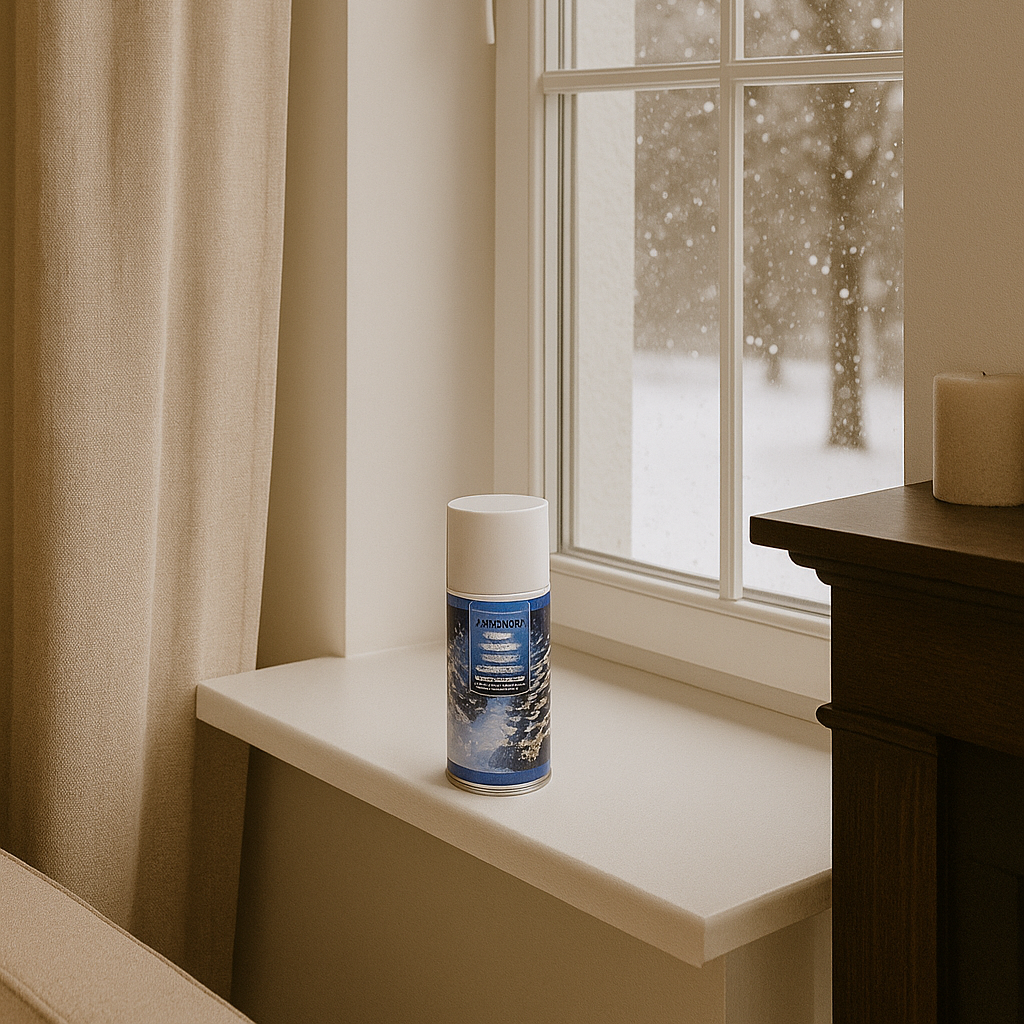 Dekorativ kunstsnø sprayboks for juletrær, dekorasjoner og glassflater.