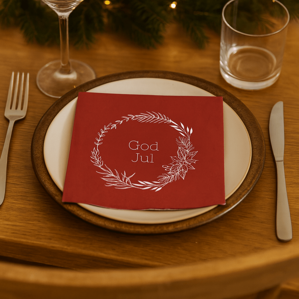Röd serviett med texten «God Jul» ligger på tallriken omgiven av julgrönt och dämpad lys.