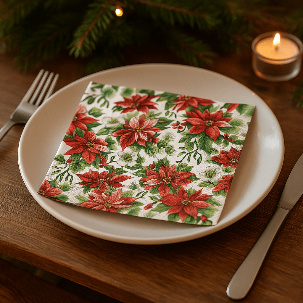 Serviett med motiv av röda julstjärnor och gröna löv ligger på tallriken i en julmiljö.