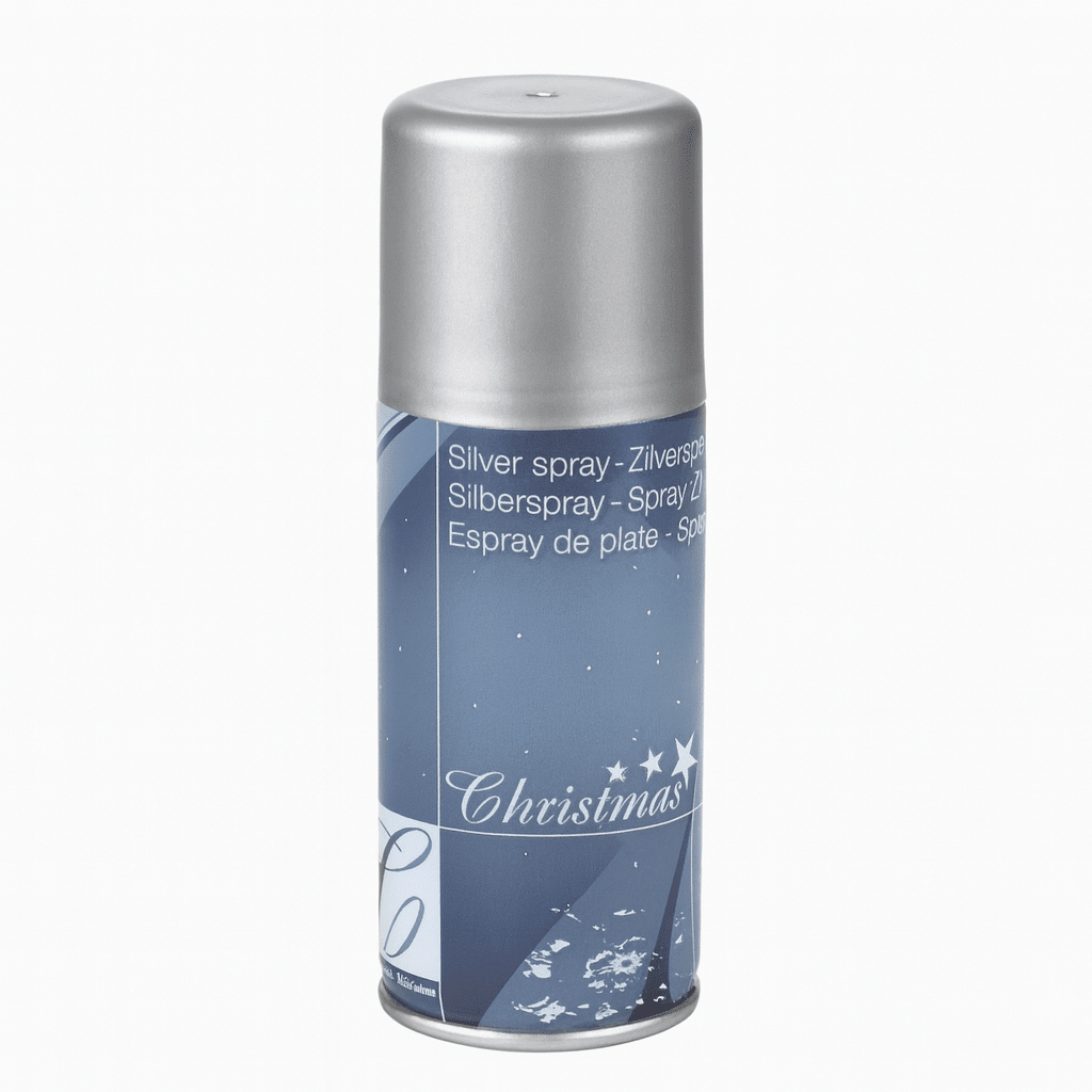 Flaske med dekorativ sølvspray 150 ml stående på hvit bakgrunn.