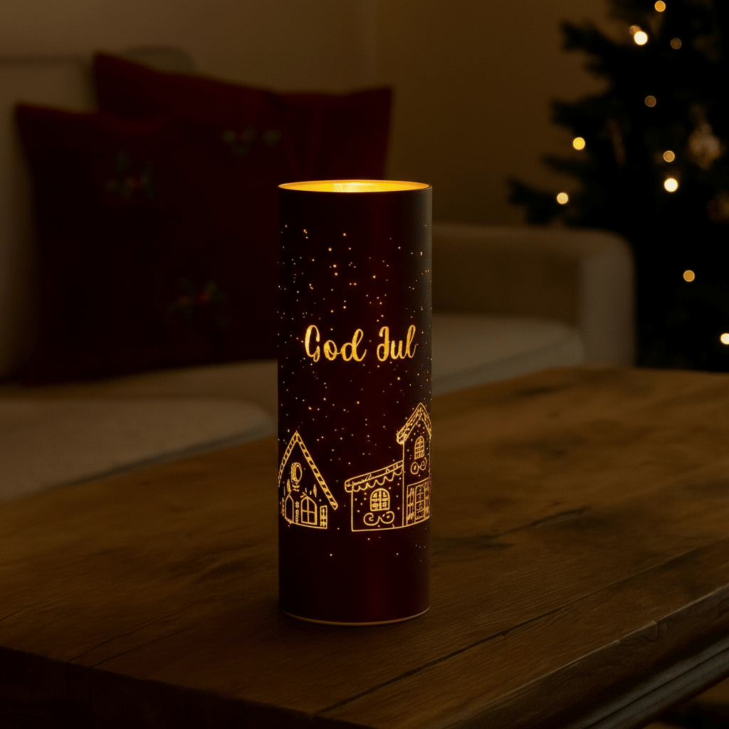 Lyslykt LED God Jul rød 8 x 20cm - Lindas Dekor