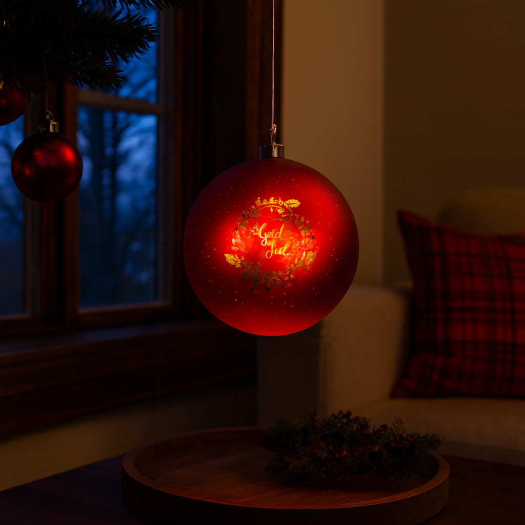 Rød LED-lykt formet som kule med God Jul-tekst