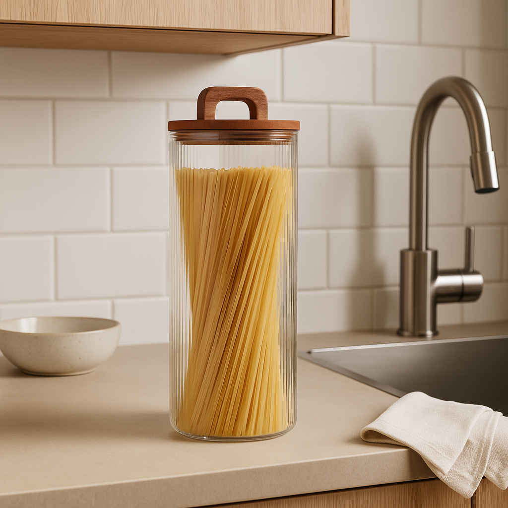 Høy glasskrukke med trelokk og håndtak – 1650 ml