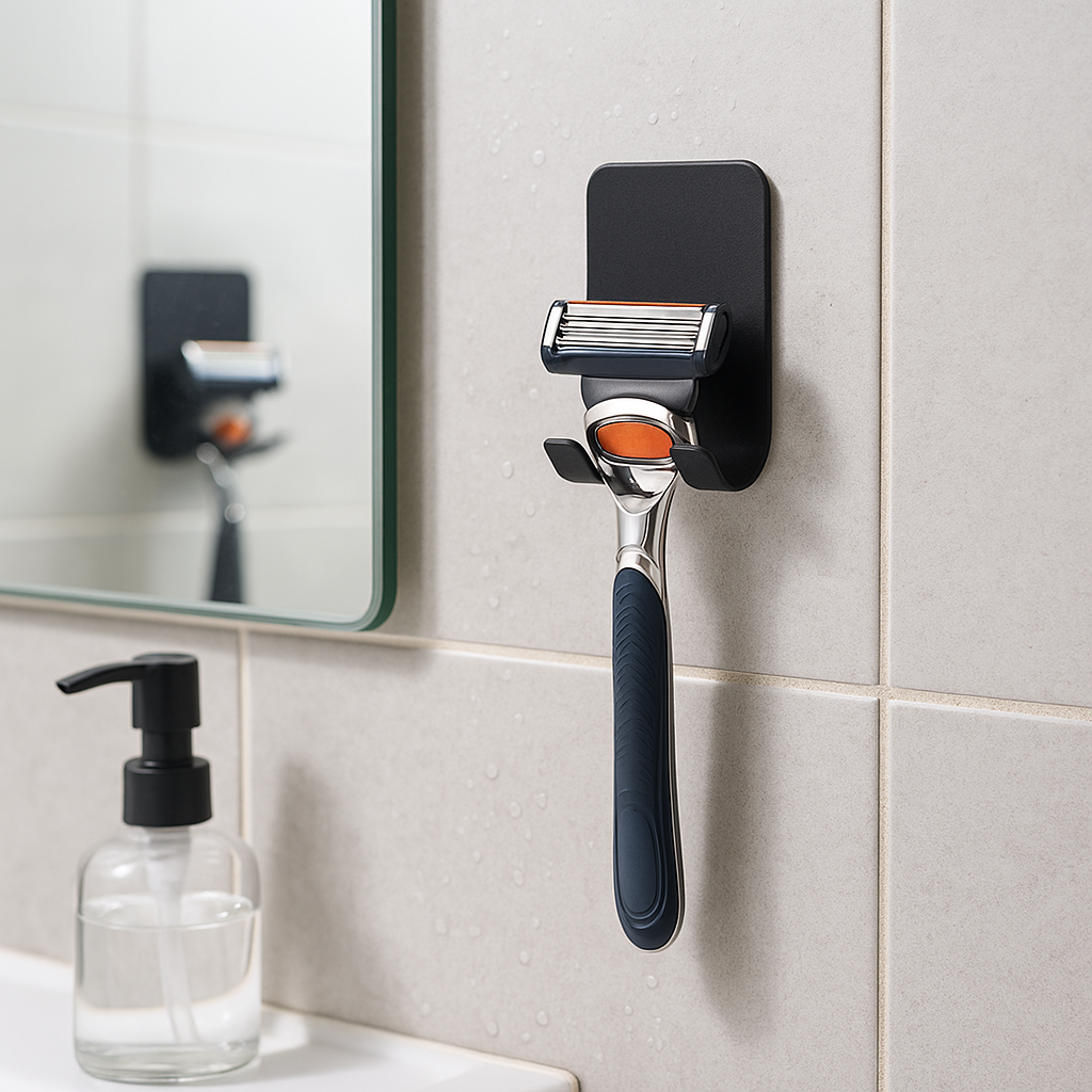 Razor holder til bad og dusj – praktisk veggfeste i sort design som holder barberhøvelen tørr og tilgjengelig.