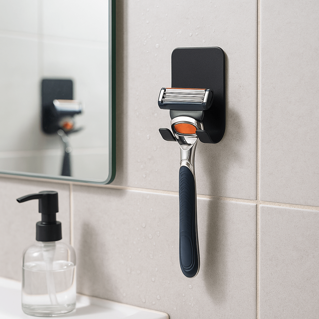 Razor holder til bad og dusj – praktisk veggfeste i sort design som holder barberhøvelen tørr og tilgjengelig.