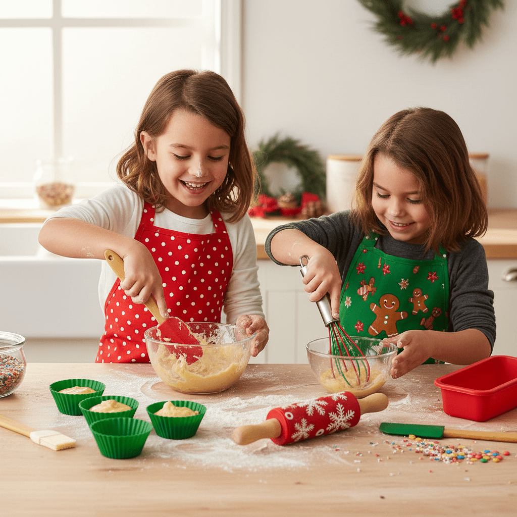 Barn baker julekaker med fargerikt bakesett og muffinsformer