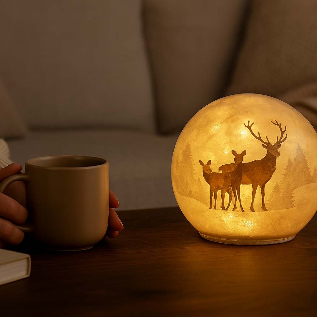 LED lyslykt med hjortefamilie i vinterlandskap – perfekt borddekorasjon til jul og vinter.