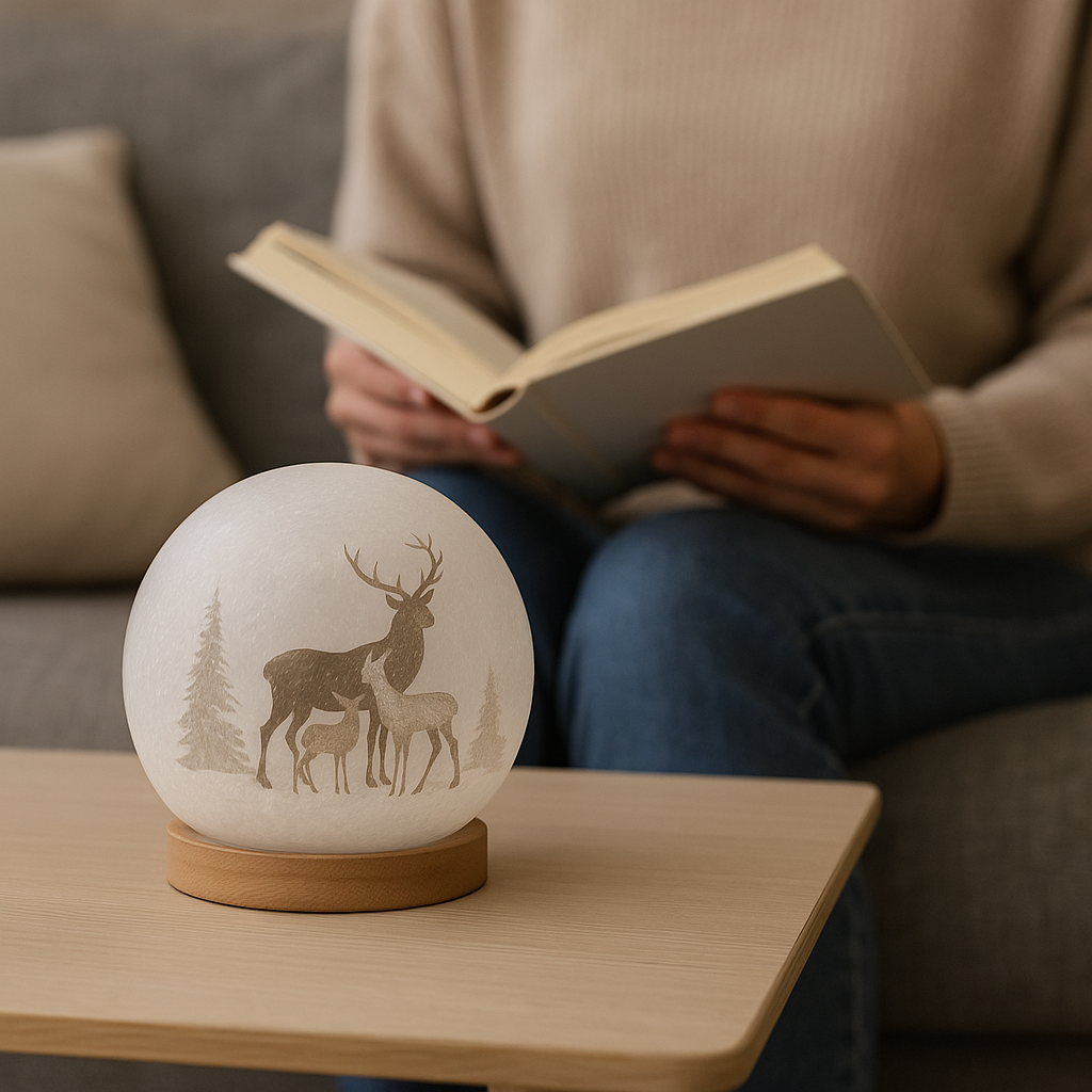 Lyslykt LED hjort 12 cm – dekorativ glasslykt med hjortemotiv, batteridrevet med timerfunksjon.