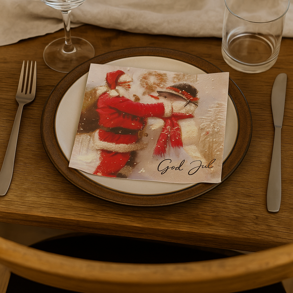 Serviett God Jul Nisse og Snømann – 20 stk lunsjservietter i 3 lag, hvit og rød design med julemotiv. Perfekte til julebord, selskap og borddekking.