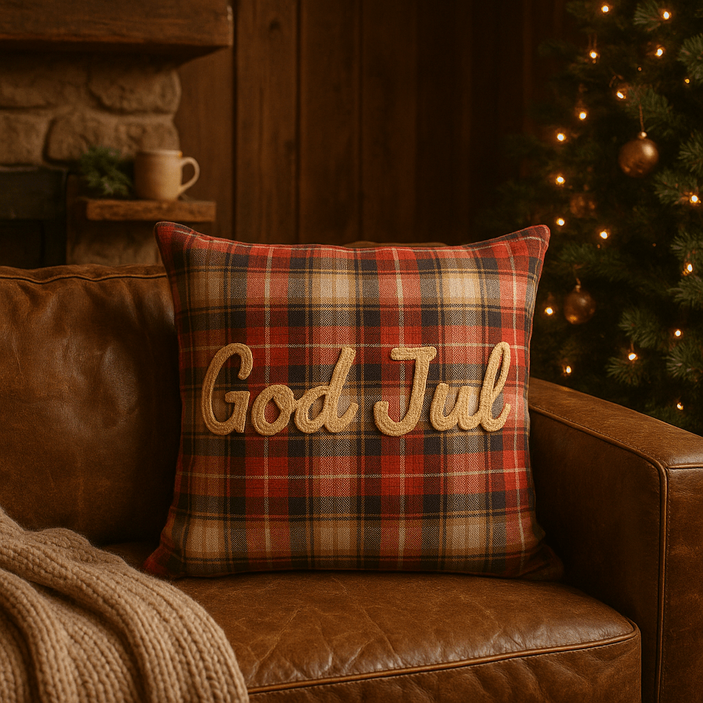 Röd rutad julduk med texten "God Jul" på soffan, med prytt bord, tända ljus och juletre i bakgrunden.