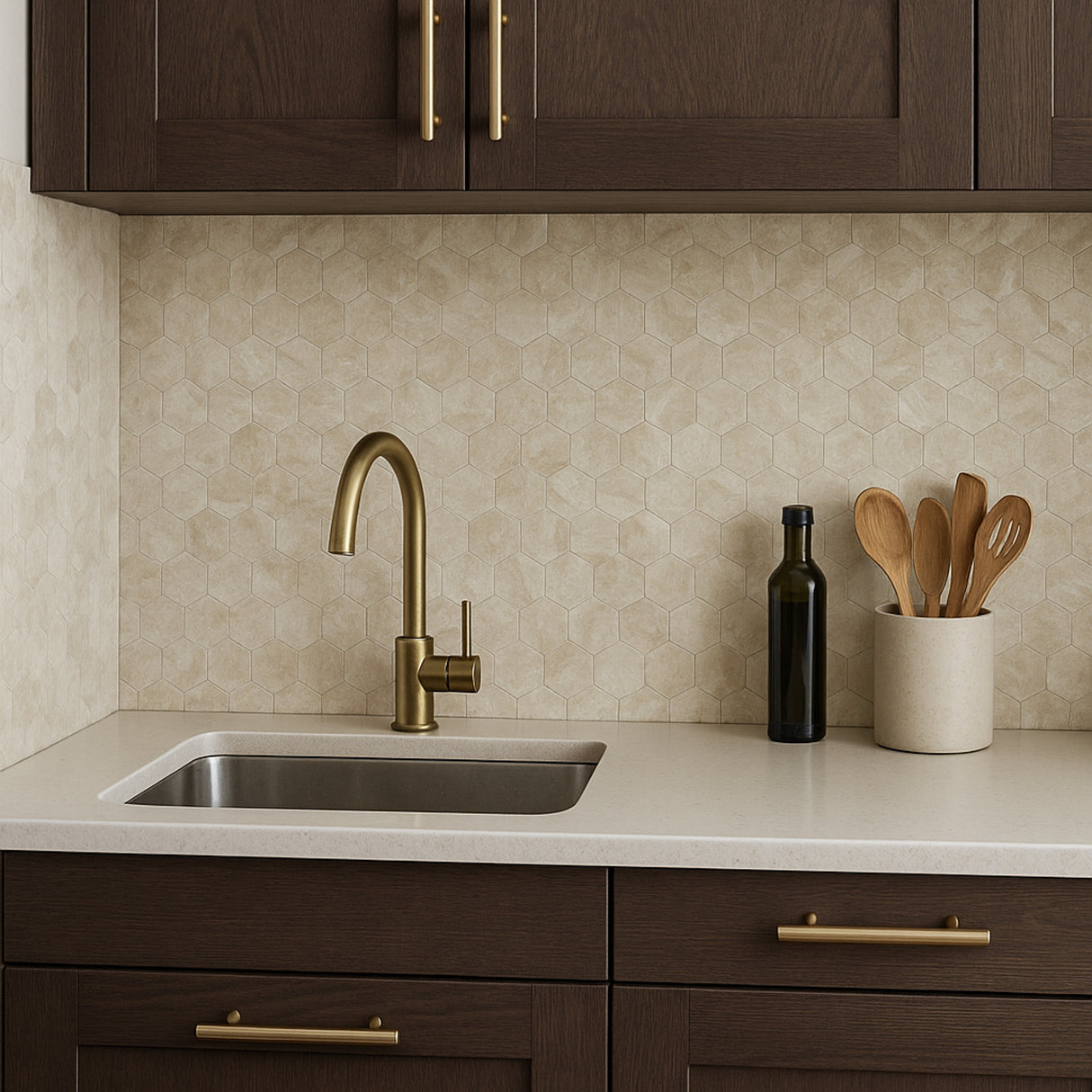 kjøkken med Grace hexagon selvklebende fliser i beige marmor-look på kjøkkenveggen, valnøtt skapfronter og messing detaljer