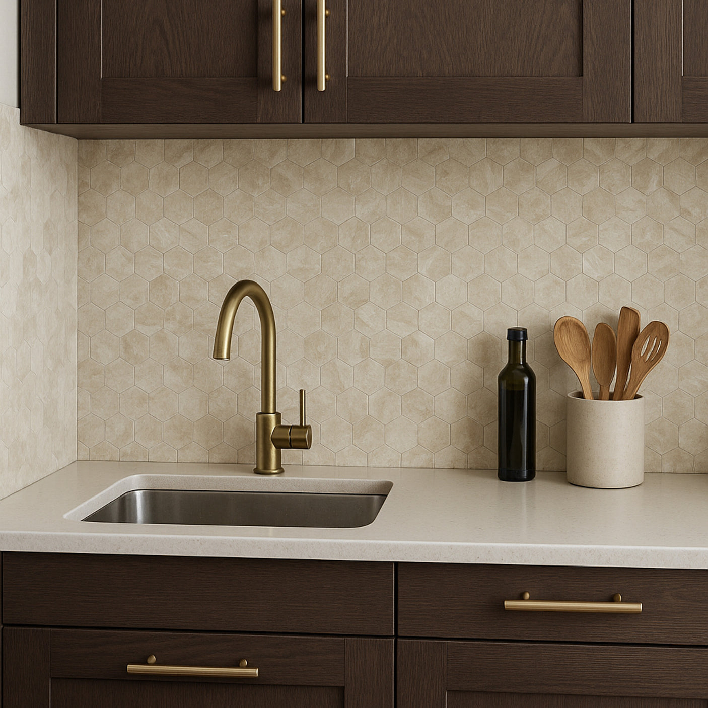 kjøkken med Grace hexagon selvklebende fliser i beige marmor-look på kjøkkenveggen, valnøtt skapfronter og messing detaljer