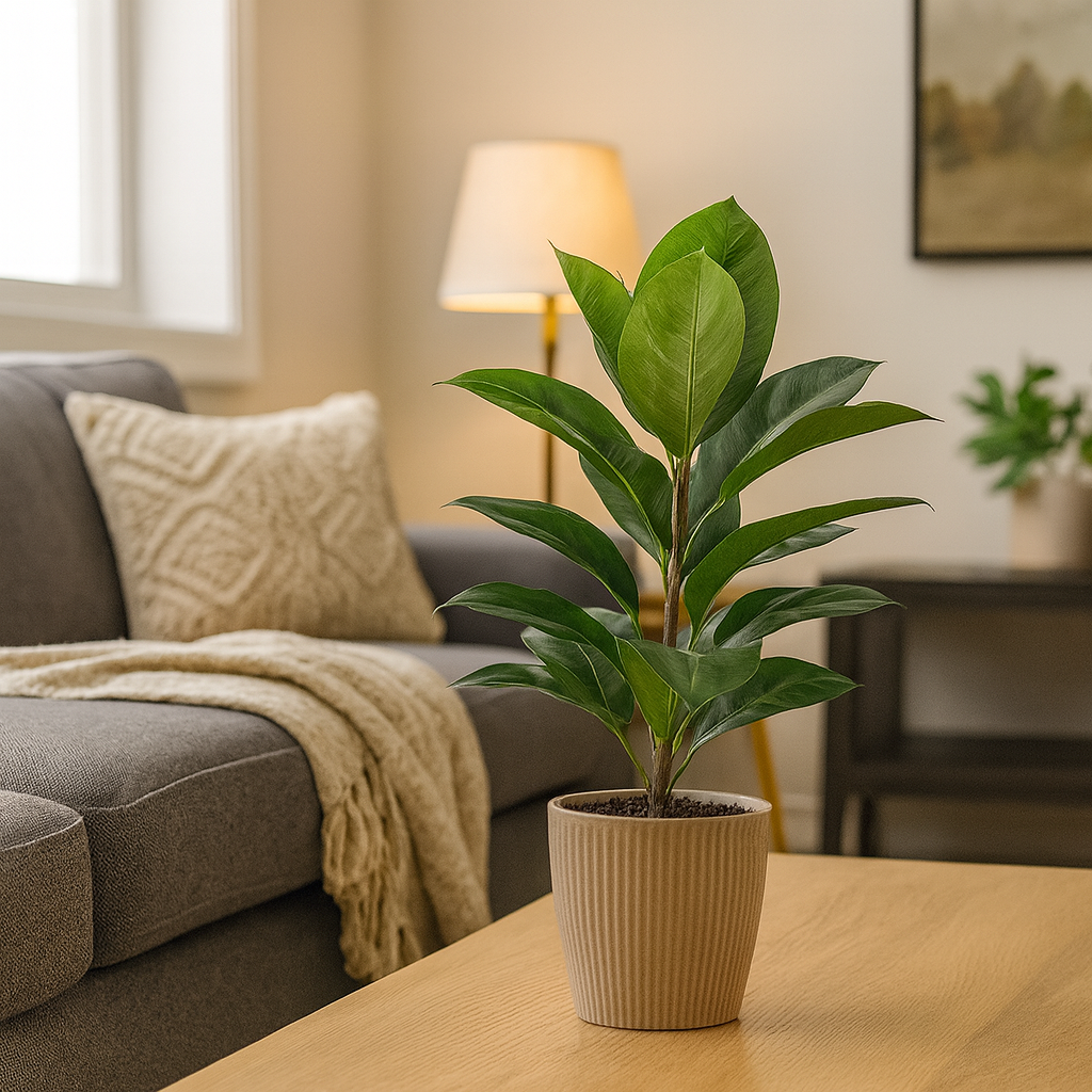 Fikus Robusta 37 cm i beige krukke på stuebord, omgitt av sofa, puter og lampe i et lunt, nordisk interiør.