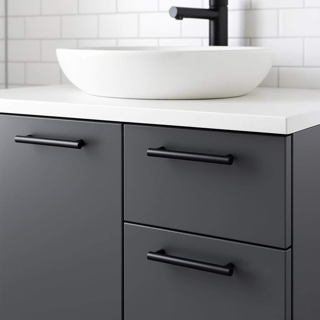 Baderom med servant og mørke fronter. Skap og skuffer er utstyrt med Madrid håndtak i sort matt, som gir et tidløst og elegant preg.