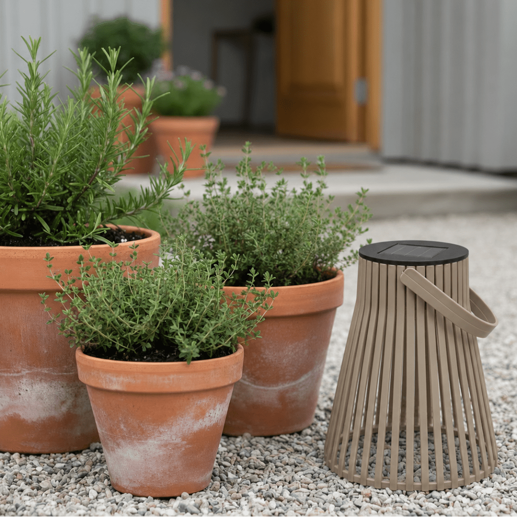 Brun solarlykt plassert på grus ved et inngangsparti, omgitt av terrakottapotter med grønne urter og planter. - Lindas dekor