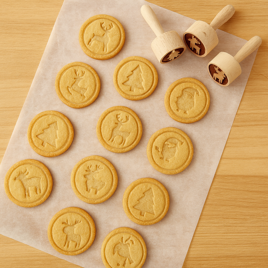 Hjemmebakte kjeks med trykk av juletre, reinsdyr og nisse laget med kakestempler.