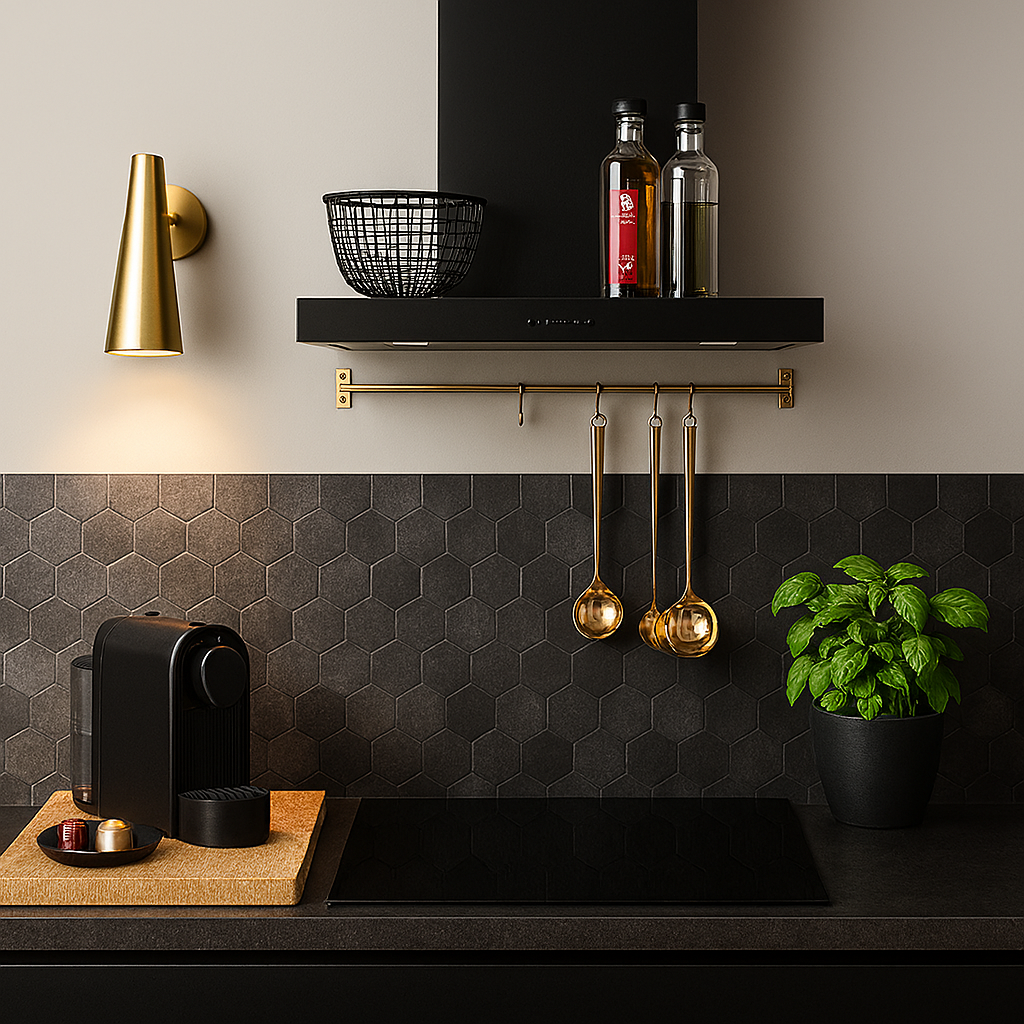 Selvklebende sekskantfliser i matt svart – moderne kjøkkenfliser som gir et eksklusivt og tidløst uttrykk, perfekt som backsplash bak komfyr og benkeplate.