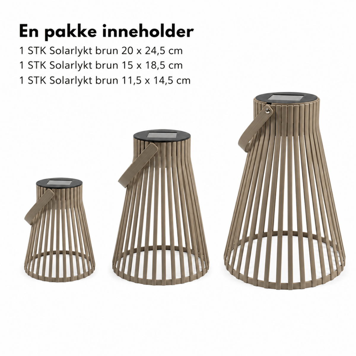 Tre brune solarlykter i størrelsene 11,5 × 14,5 cm, 15 × 18,5 cm og 20 × 24,5 cm, med oversikt over innholdet i pakken. - Lindas dekor