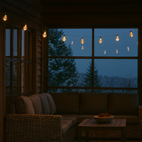 Lyskjede med varmhvite pærer som gir stemningsfull belysning på en veranda med utsikt mot snødekte trær. Perfekt for uteplass og vinterkos.