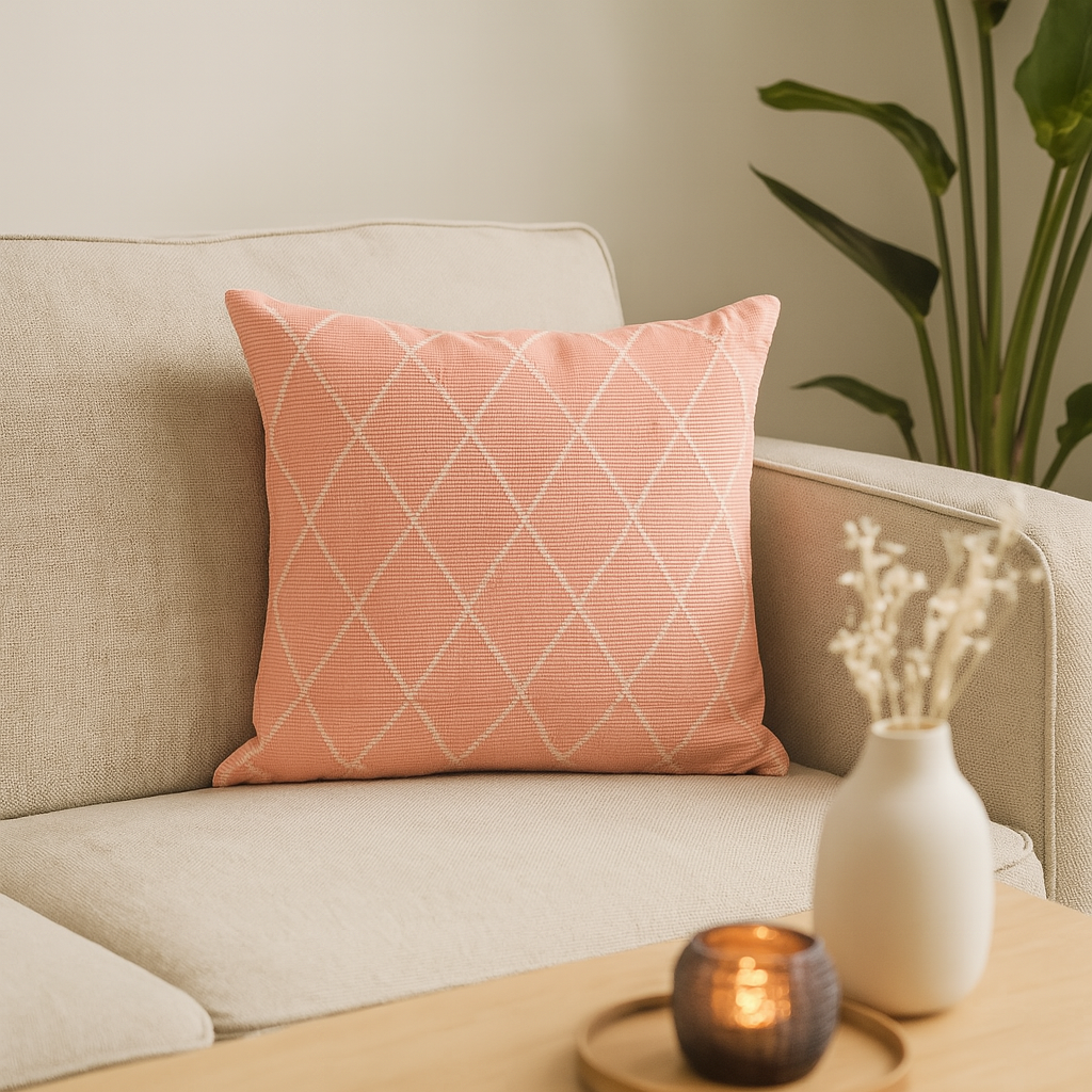 Kvadratisk nærbilde av vevd jacquardstruktur på rosa putetrekk