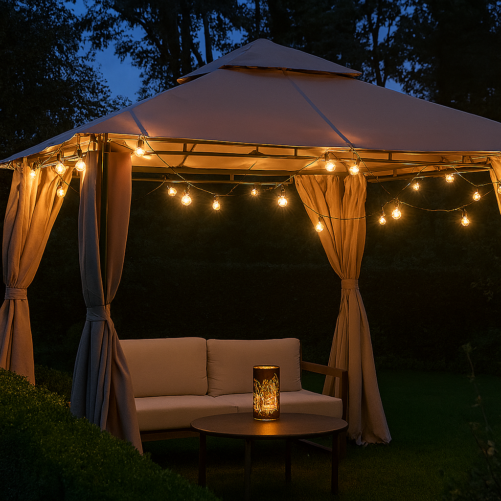 lyslenke med varme LED-pærer under paviljong – stemningsfull utebelysning til hage og terrasse.