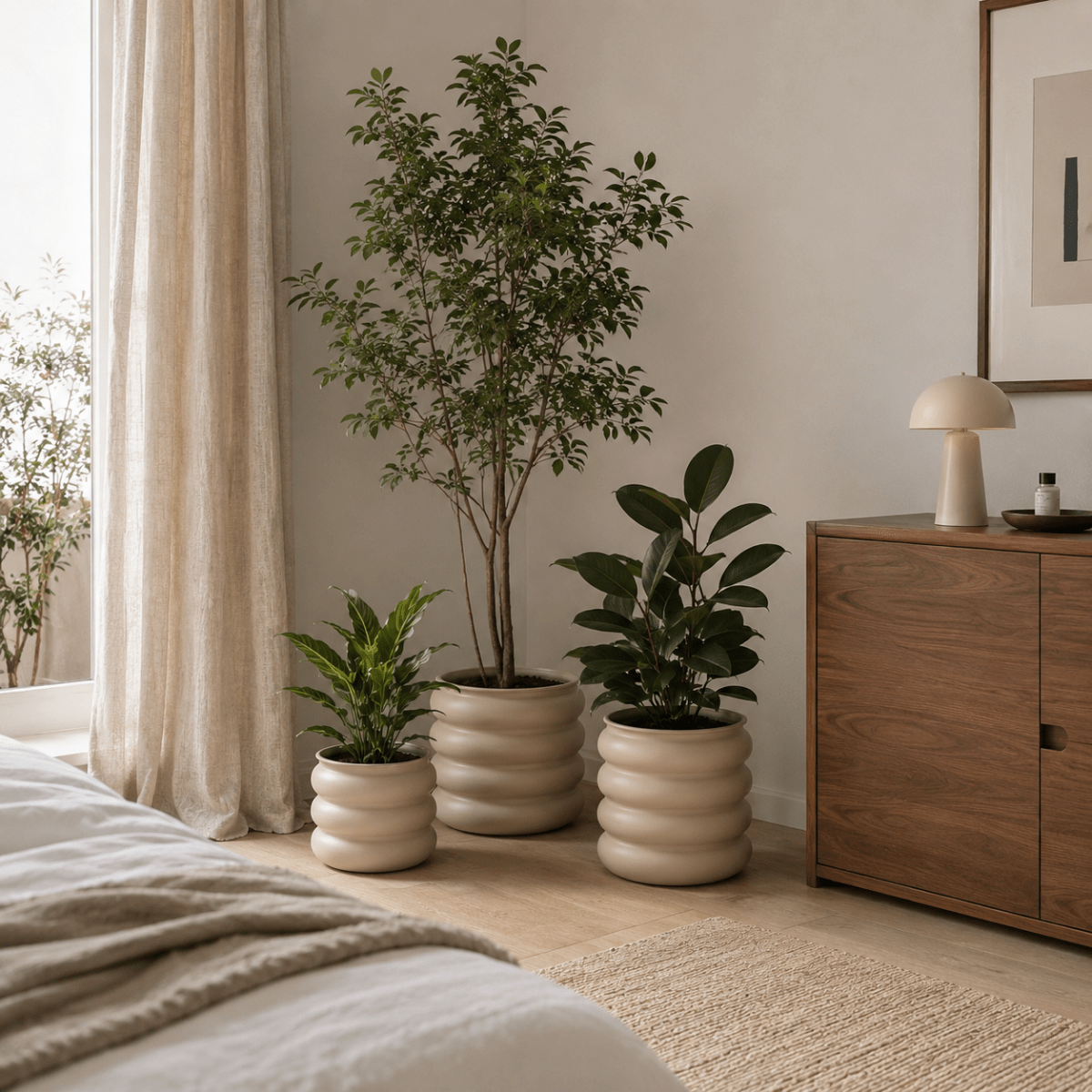 Tre lysebrune blomsterpotter med grønne planter plassert på gulvet i et lyst og moderne soverom. - Lindas dekor