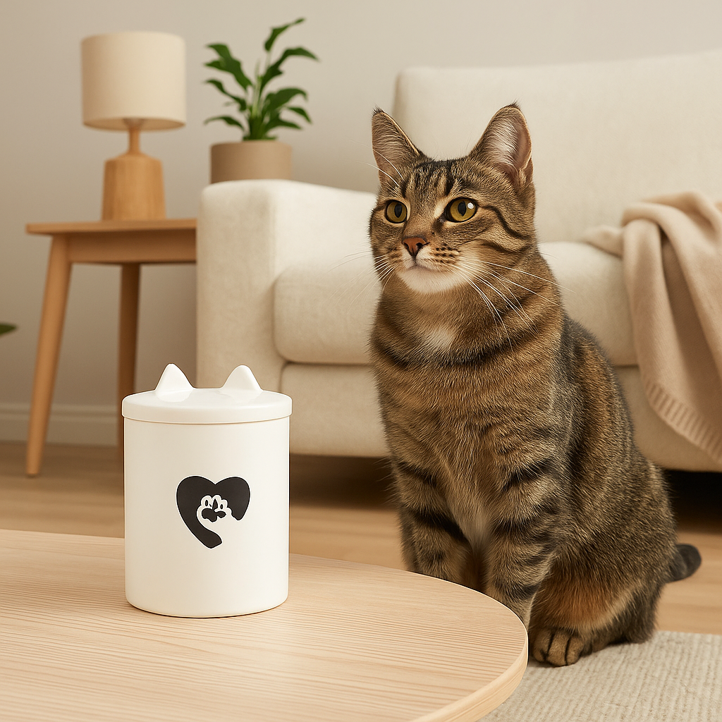 Kattegodteri oppbevaringsboks i keramikk med lokk og katteører – dekorativ beholder med potehjerte motiv, perfekt til snacks eller tørrfôr.