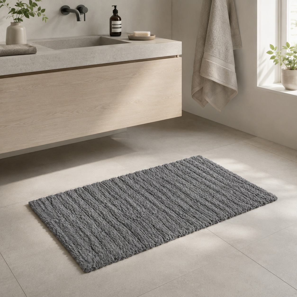 Grå Zone Denmark Tiles baderomsmatte foran en servant i et lyst, moderne baderom. - Lindas dekor