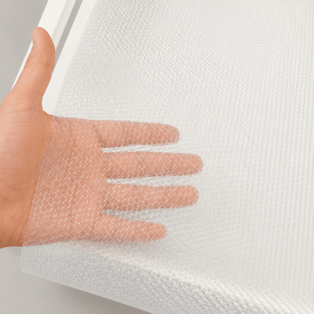 Hånd bak transparent antiskli skuffeinnlegg som viser det gjennomsiktige materialet. - Lindas dekor