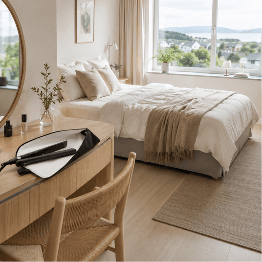 Sort krølltangbeholder brukt på sminkebord i lyst nordisk soverom med stylingverktøy oppbevart i etuiet.